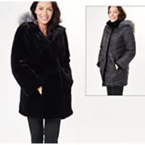 New Dennis Basso Reversible Faux Fur to Water Resistant Coat BLACK